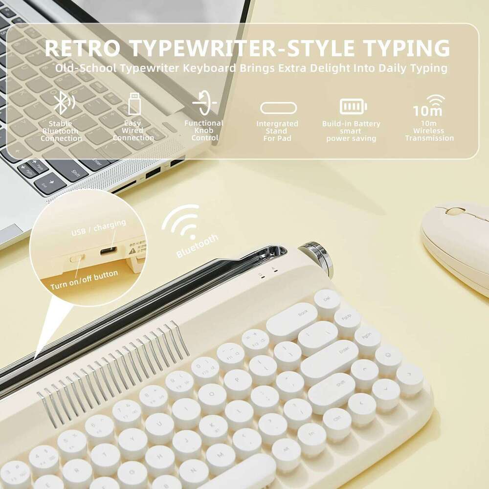 B Ivory Butter Upgraded Wireless USB C Bluetooth Retro Typewriter Keyboard With Integrated Stand Cute Round Keycaps