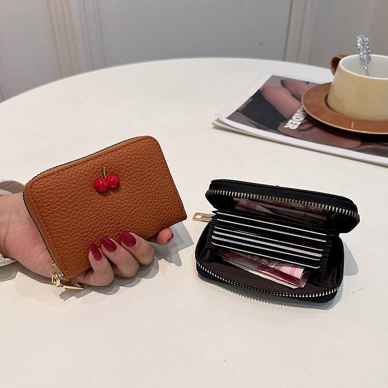 Zipper New Style Women's Cherry High-end Accordion Card Holder Multi-card Luxury Bag Designer Bag Slot Wallet Trendy Cross-border Wholesale Solid