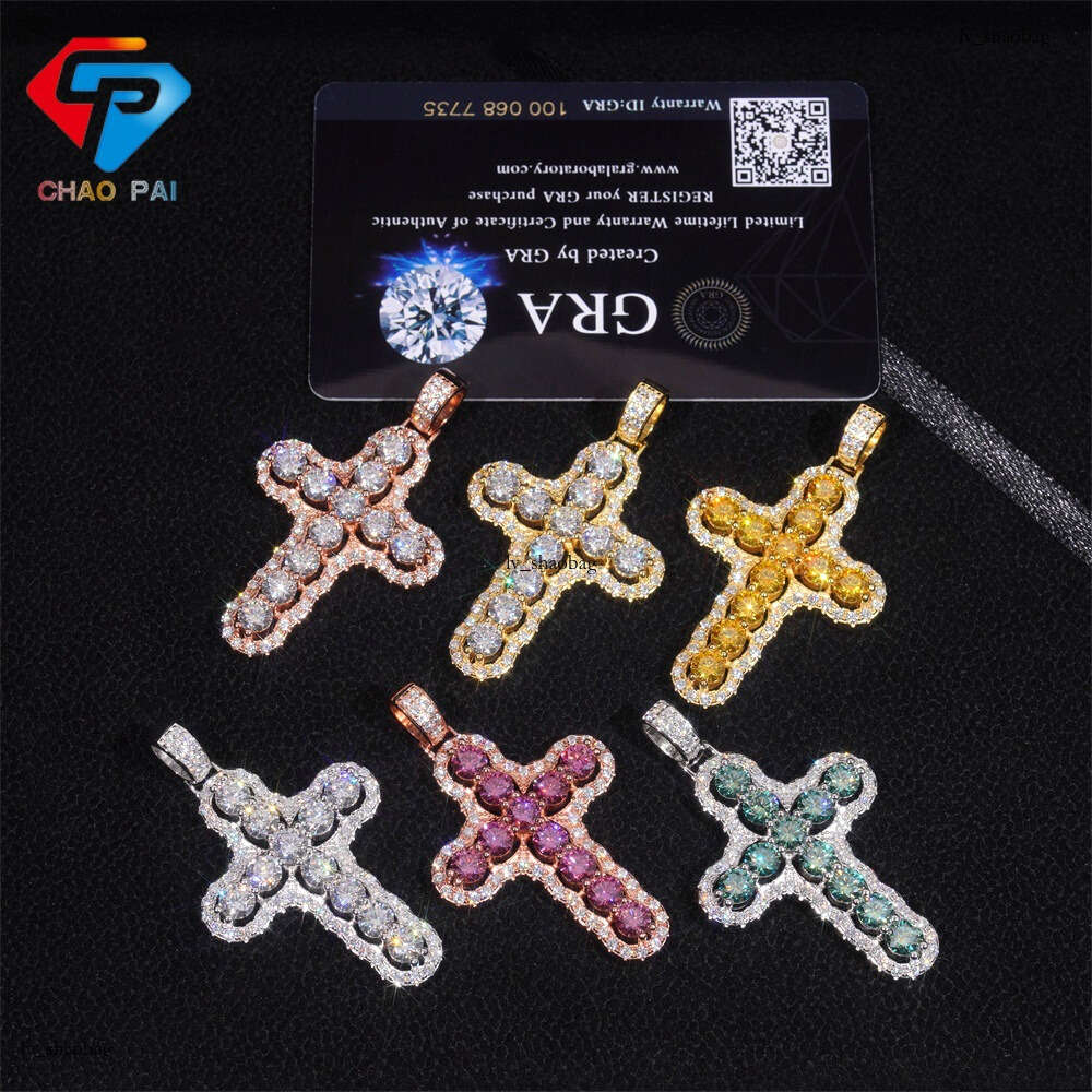 Iced Out VVS Inlaid Colorful Moissanite Hip Hop Necklace Cross Pendant Jewelry