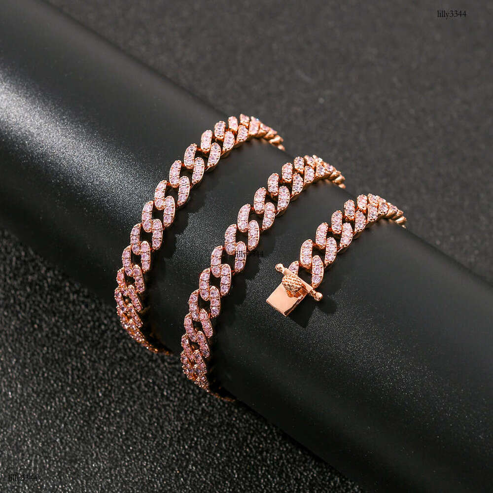 Necklace for Men 9mm Single Row Pink Moissanite chain Cuban Chain Unisex Hip Hop Accessories