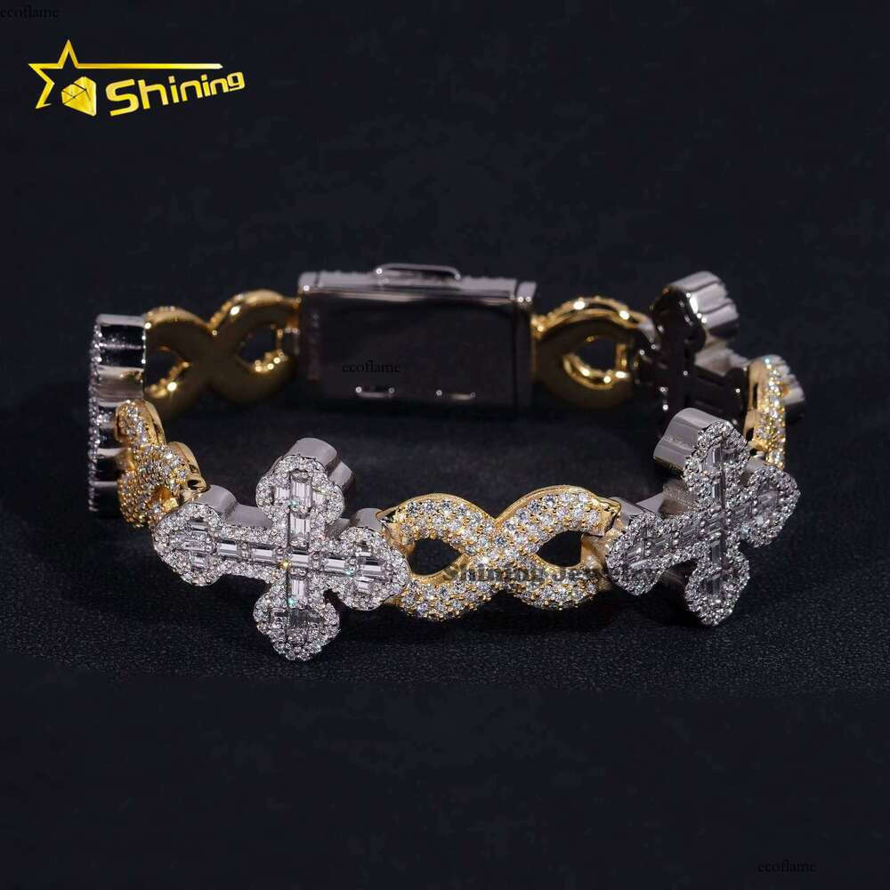 Iced Hip-Hop Jewelry 13mm GRA Cross Moissanite Link Sterling Sier Fashion Infinite Chain Cuban Bracelet