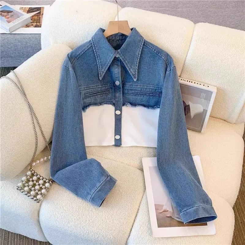 Vintage Women Patchwork Denim Jacket Pant Sets Long Sleeve Cropped CoatHigh Waist Wide Leg Pants Daily Versatile Denim Suit 250808