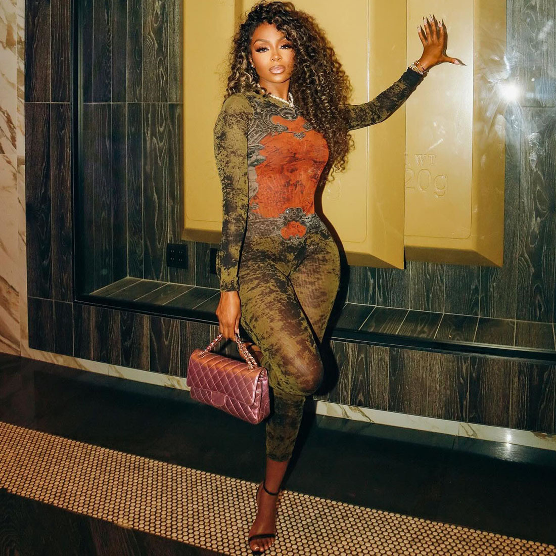 2025 Summer New Womens Fashion Printed Sexy Mesh High Waist Slim Fit Zipper Long Sleeve Jumpsuit
