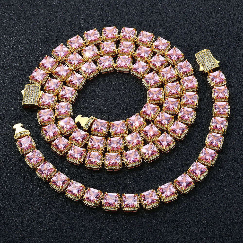 Hip-Hop 10mm Square Pink Moissanite chain Ice Sugar Jewelry Accessories High-End Men's Necklace