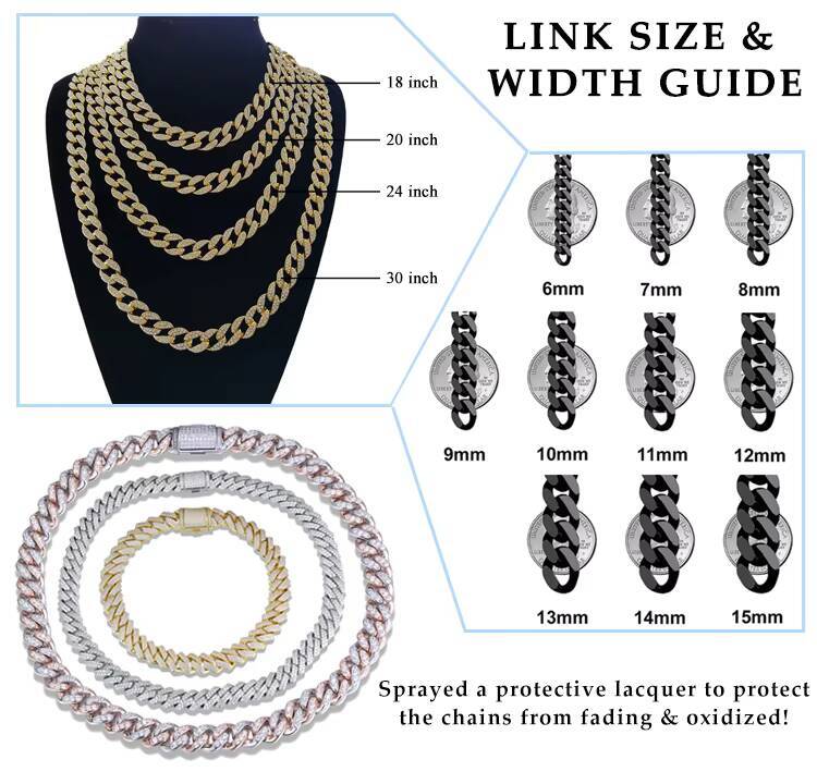 Hip Hop Brass Cuban Chain 10mm 12mm 15mm 18mm Width Iced Out Zirconia Cuban Link Chain Miami Men Bracelet Necklaces