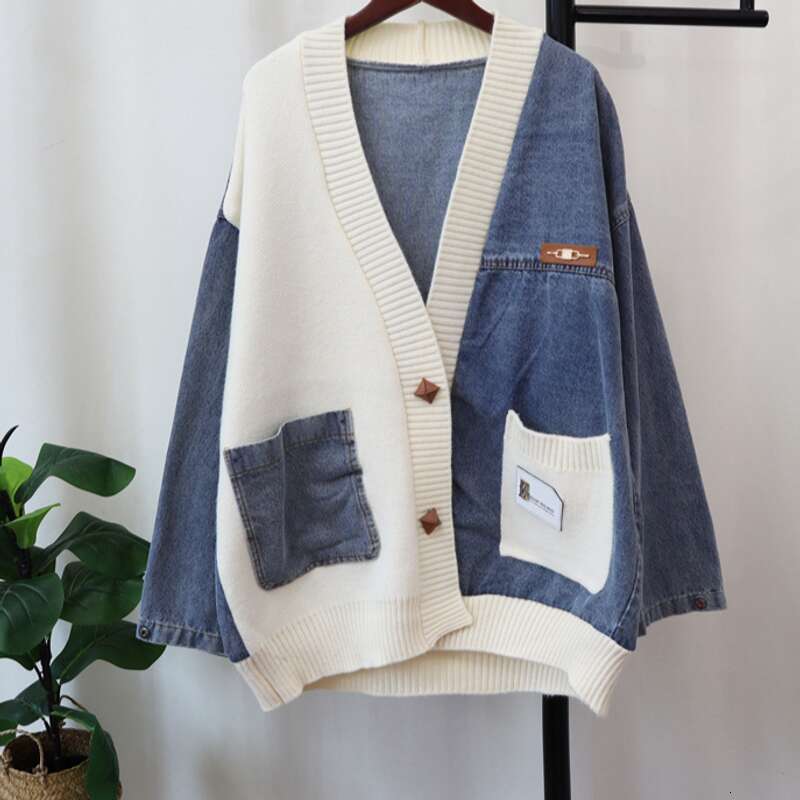 Women's Clothing Loose Lazy Style Denim Splicing Design Knitted Cardigan Women's Sweater Jacket