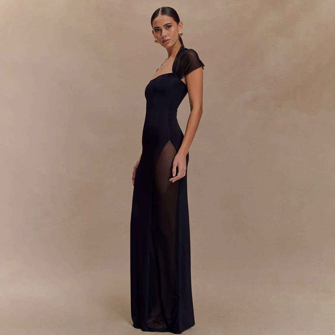 2025 Summer New Sexy Waist-Cinching Sheer Long Dress Elegant Off-Shoulder Solid Color Womens Dress