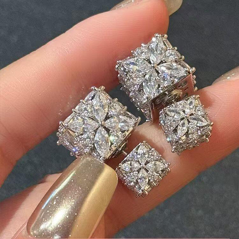 Sier Needle Super Sparkling Zircon Square Two-Way Wear Fashionable Elegant Temperament Earrings Light High-End Feel Ear Jewelry