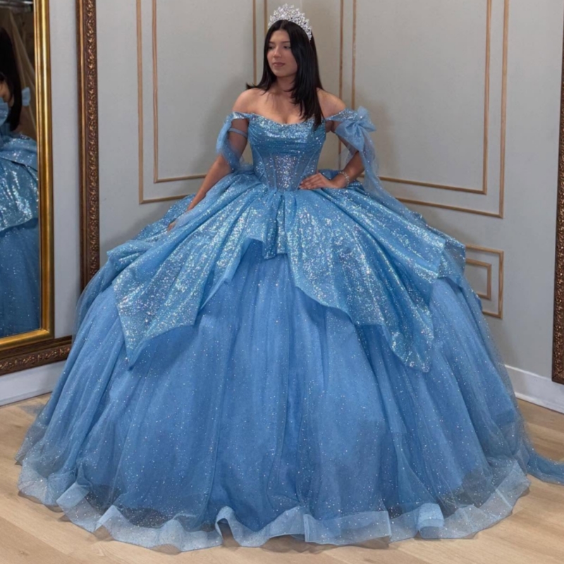 Blue Shiny Quinceanera Dresses Off The Shoulder Beads Bow Tull Party Birthday Ball Gown Vestidos De 15 Anos Sweet 16 Dress