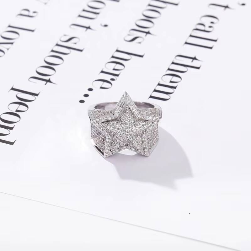 Luxury Hip Hop Mens Rapper Rings High Quality Iced Out Full Pave Moissanite Stone 3D Five-Pointed Star Inlaid Micro Pave Moissanite Jewelry