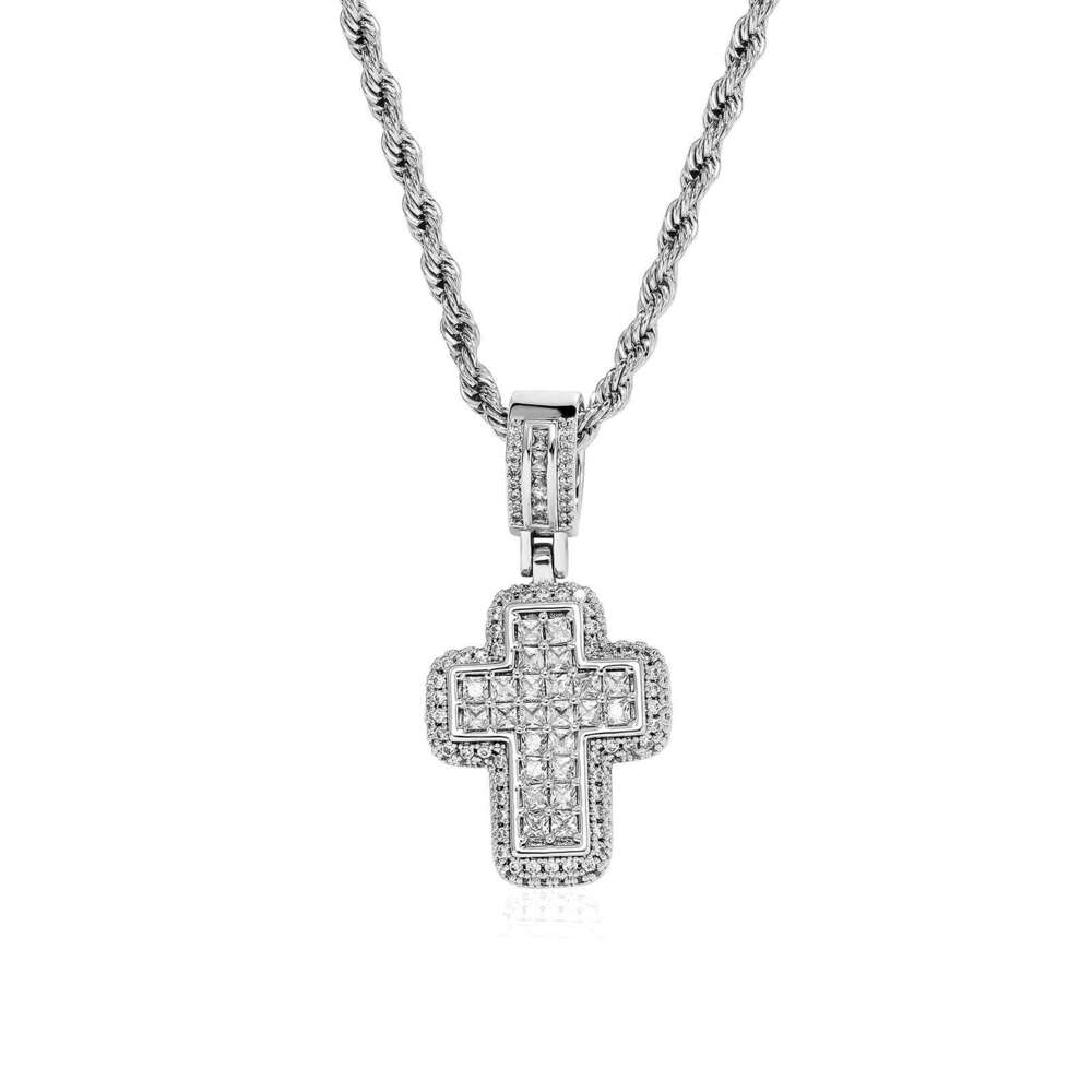 Hip Hop Fashion T Square Moissanite chain Pink Cross Necklace Personality Street Trend Jewelry