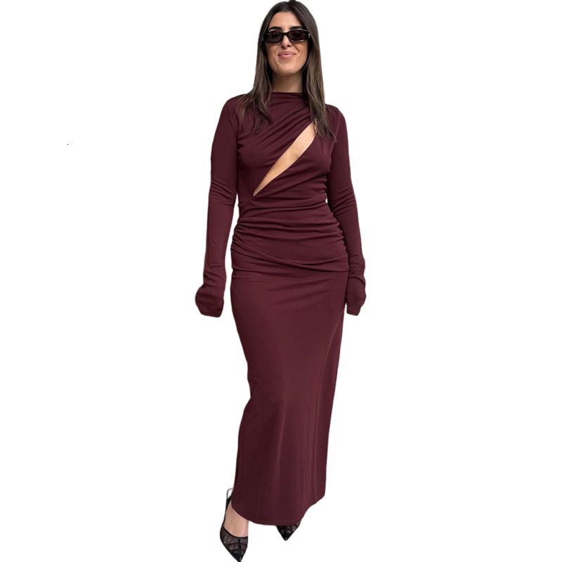 2025 Autumn New Womens Solid Color Sexy Slim Long Dress Ruched Bodycon Long Sleeve Dress