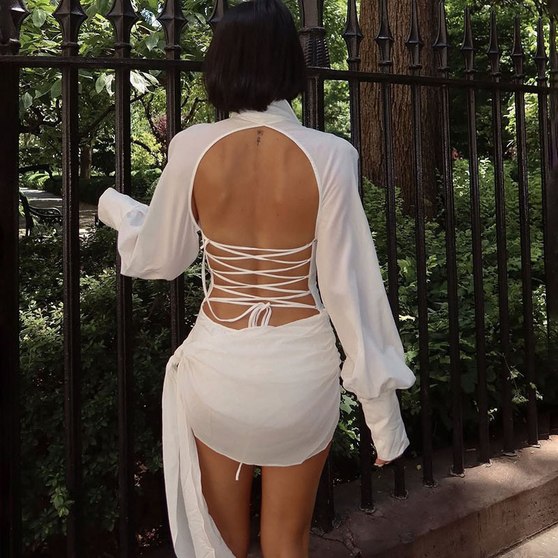 2025 Summer New Womens Solid Color Sexy Short Dress Backless Tie Knot Long Sleeve Dress