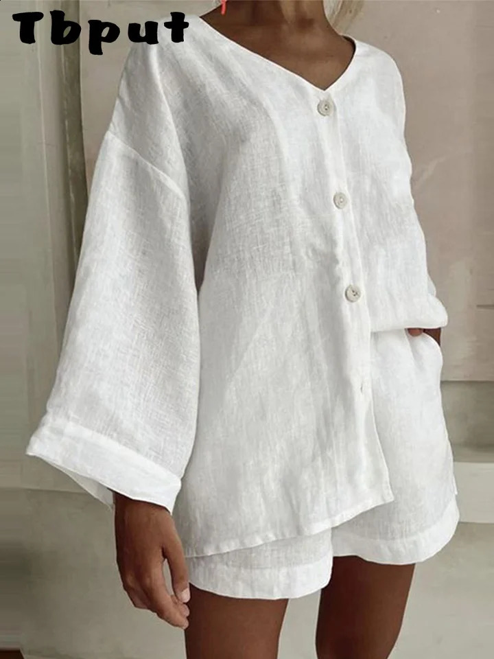 Women Loose Shorts Suit VNeck Long Sleeve Button Solid Casual Lady Sets Summer Fashion 2 Pieces Set Vacation 250809