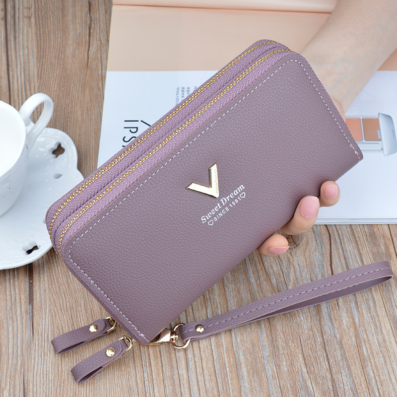 New Women's Wallet Double Designer Bag Zipper Luxury Bag Long Clutch Fashion Simple Lychee Texture Large Capacity Double Layer Wallet Phone Bag