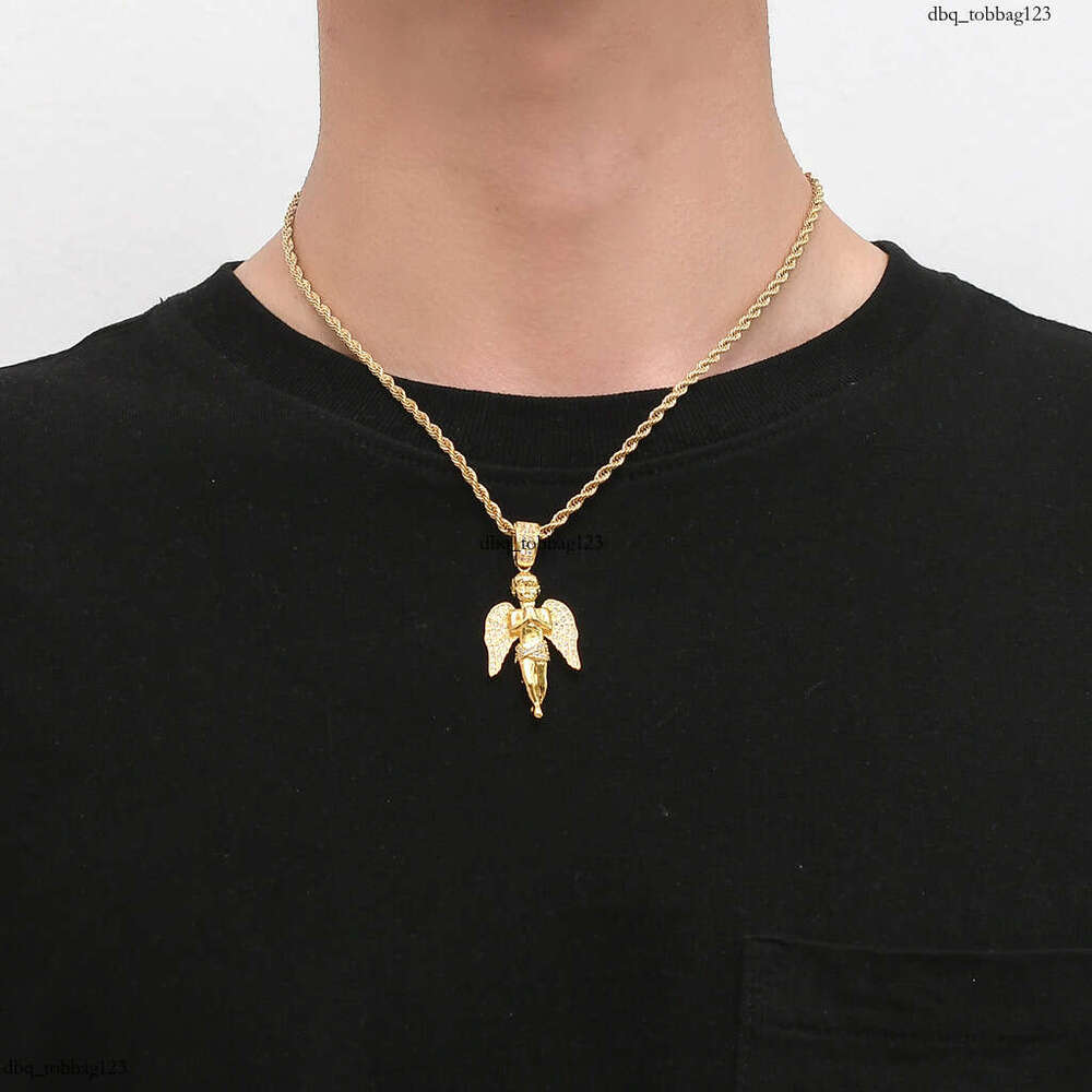 Double Fist Angel Pendant Gold Micro Paved Moissanite chain Hip Hop Punk Men's Necklace