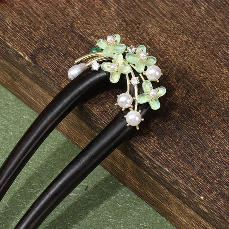 Ebony wood U-shaped Hairpin Ancient style Advanced feeling Chinese Style Pearl Hairpin Retro style Simplicity Updo Double ha 250807