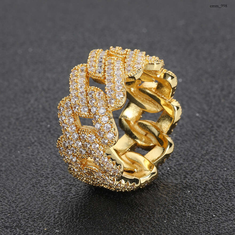 11mm Diamond Cuban Chain Real Gold Plated Micro Inlaid Zircon Trendy Hip Hop Ring Jewelry