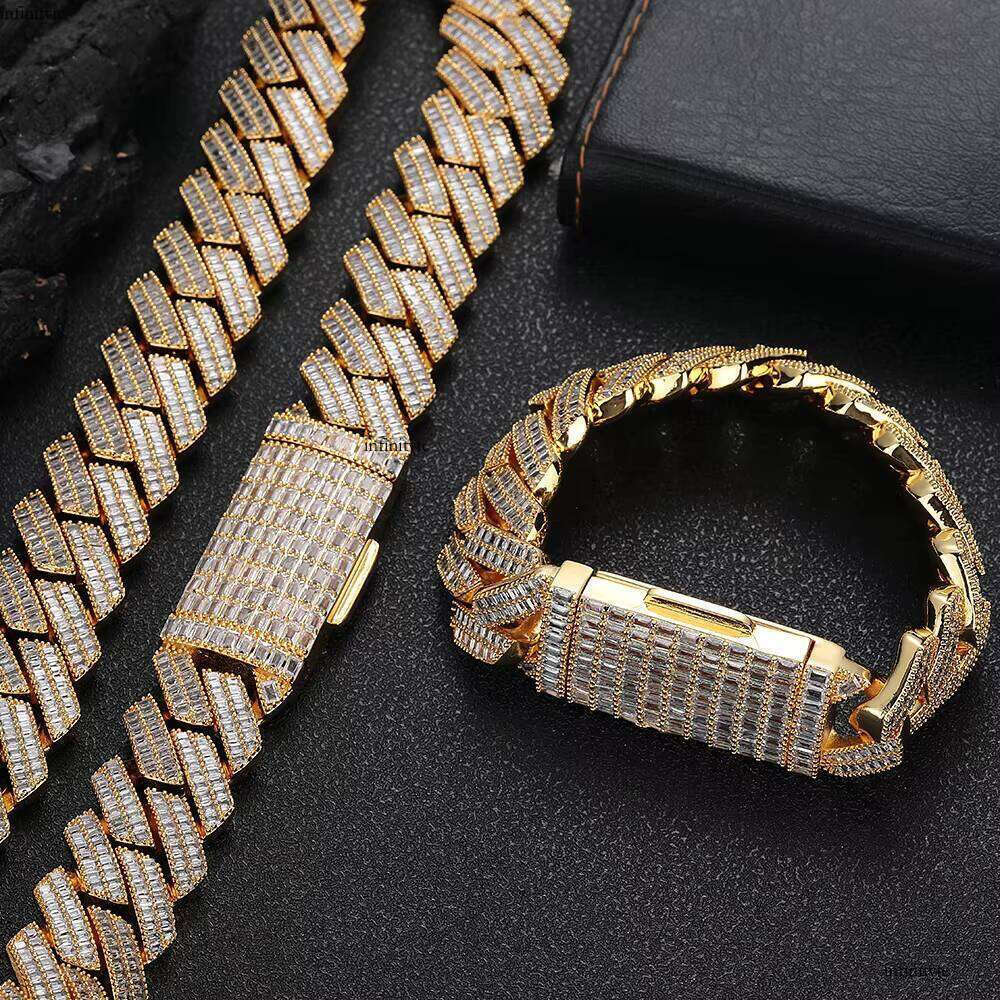 NUOYA Women's Shiny Iced Out Baguette Dia Cuban Link Chain Bracelet 20mm Sier Plated Hip Hop Fine Jewelry
