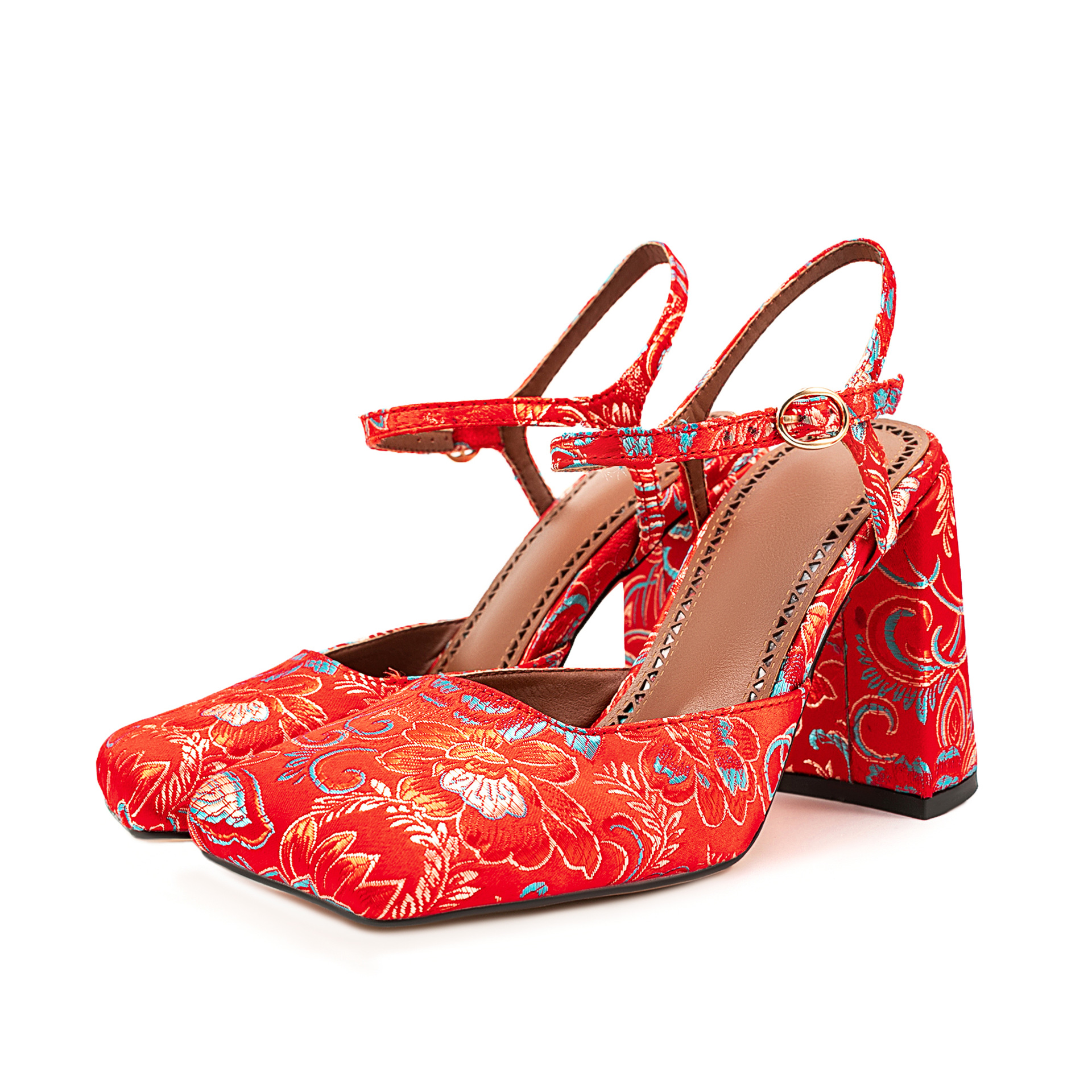 Red Satin Square-Toe Bridal Sandals - Silk Wedding Shoes with Ankle Strap and Open Toe