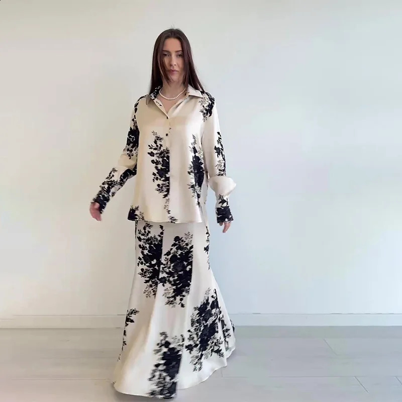 Spring Summer Satin Printed Women Loose Shirt Suits Traf Long Sleeve V Neck Blouse Female Midi Skirt Sets 250808