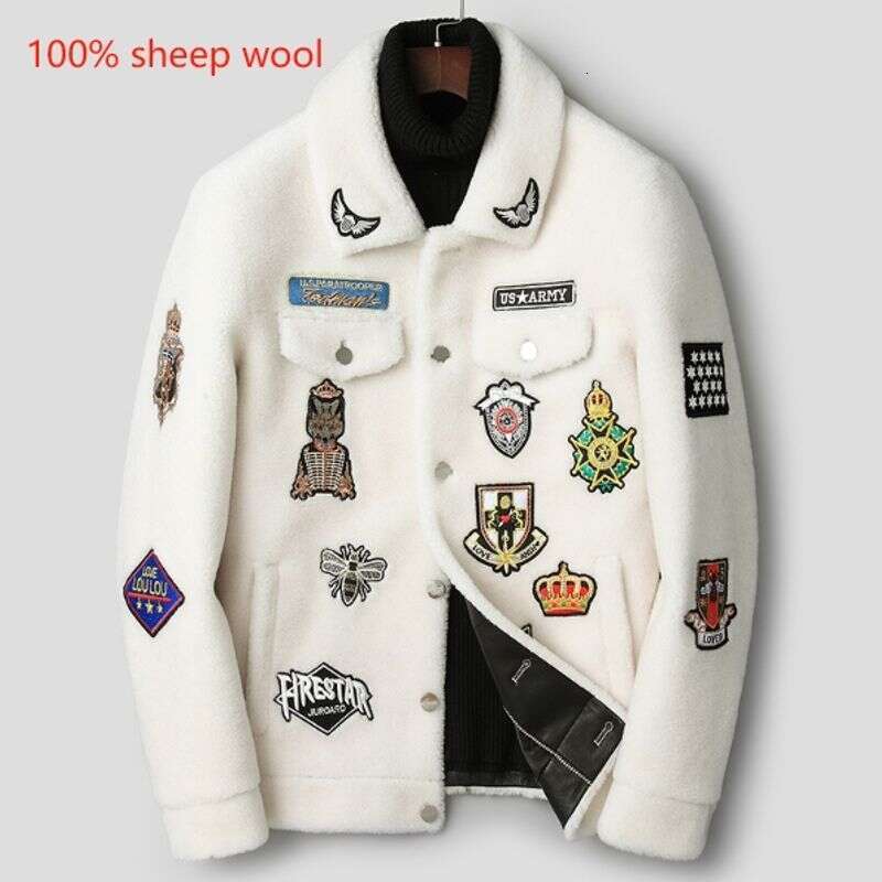 Clothing Lapel Embroidery Sheep Shearling Coat Men's Trendy Thickened Lamb Fur Jacket