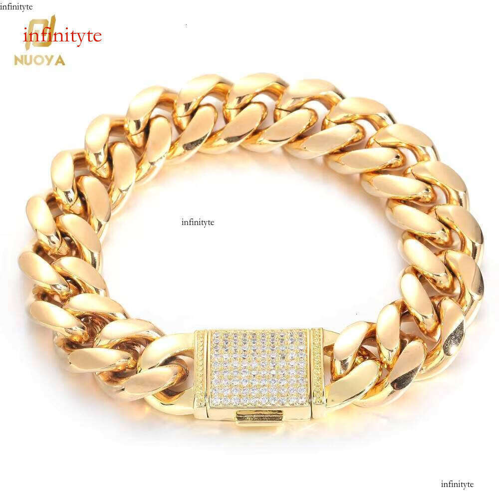 NUOYA Hip Hop Jewelry 18mm Stainless Steel Curb Chain Brass Zircon Clasp Gold Plated Miami Cuban Link Bracelet