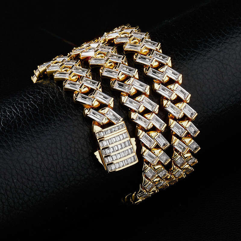 INS 12mm Square Moissanite chain Spring Clasp Cuban Necklace Unisex Hip Hop Bracelet Jewelry
