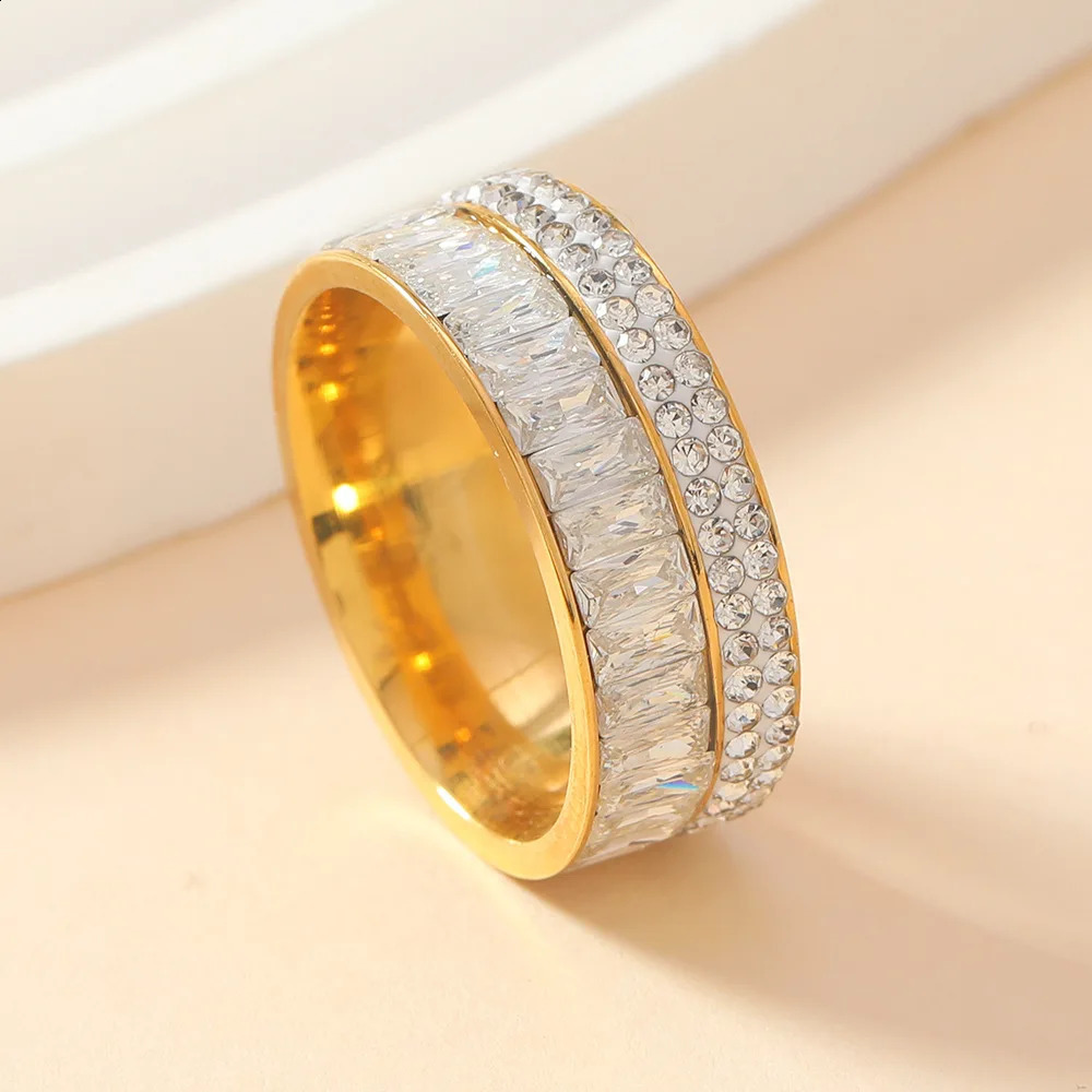 8MM Zircon Stainless Steel Finger Ring For Women 2025 High Quality Anti-Fade Female Wedding Party Fashion Jewelry 250805