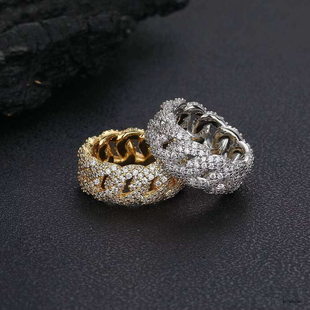 Nuoya Jewelry Hip Hop Lab Dia Finger Full Pave CZ Stone Iced Out Cuban Ring Gift for Men Women