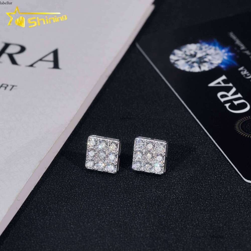Pass Tester GRA Certified VVS Sterling Sier Men's Square Silicon Stone Stud Earrings