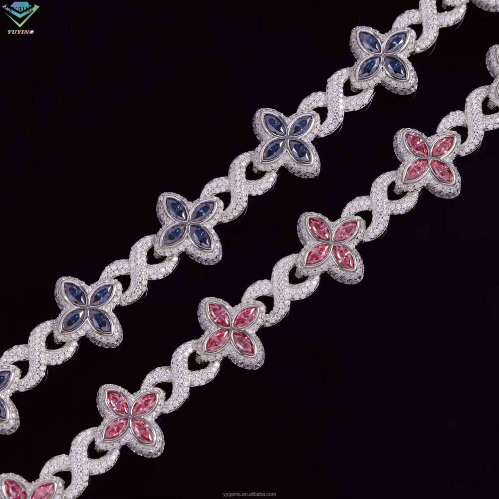 Jewelry S Sterling Sier Gold Clover Pink Green Blue Dia Cuban Hip Hop Moissanite Bracelet with GRA Certificate