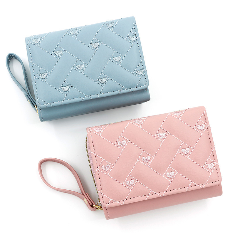 New Korean Style Fashion Heart-shaped Embroidered Women's Short Zipper Wallet Clutch Solid Luxury Bag Color Simple Coin Purse Card Holder