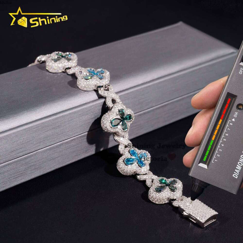 New Arrival Pearlescent Hip-Hop Jewelry Pure Sier Colorful Pear Quartz Ice Clover Infinite Chain Bracelet for Men