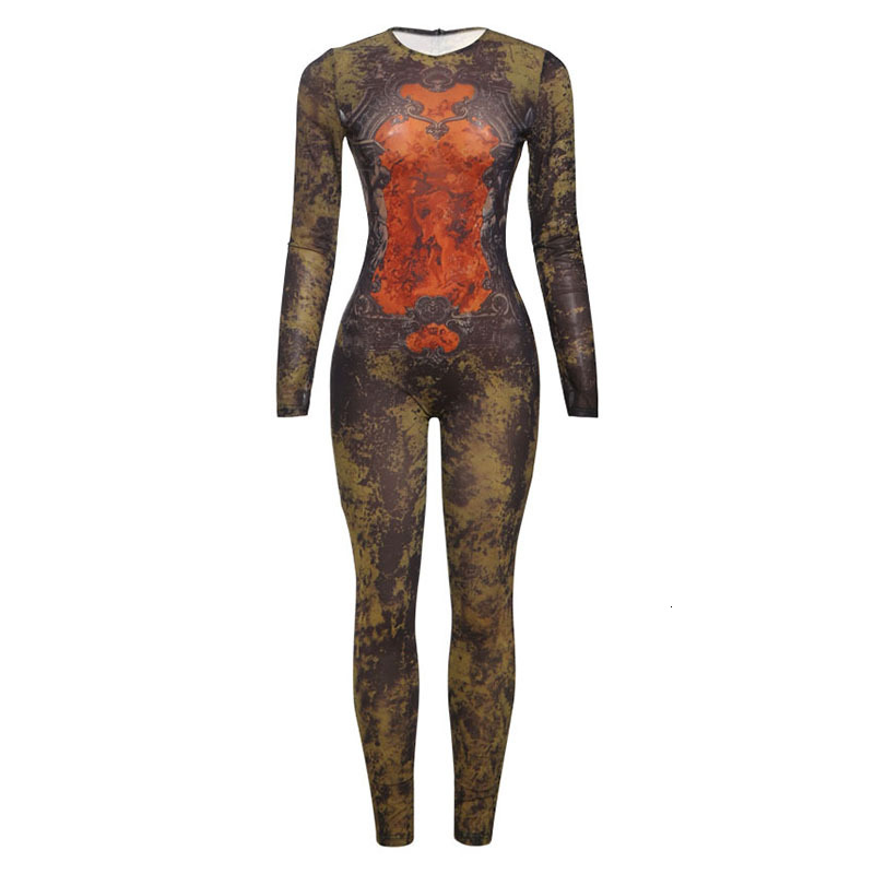 2025 Summer New Womens Fashion Printed Sexy Mesh High Waist Slim Fit Zipper Long Sleeve Jumpsuit