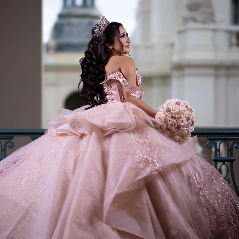 Pink Quinceanera Dresses Ball Gown Off The Shoulder Sequin Applique Flower Beads Tull Corset Party Birthday Sweet 16 Dress Vestidos 15 Anos