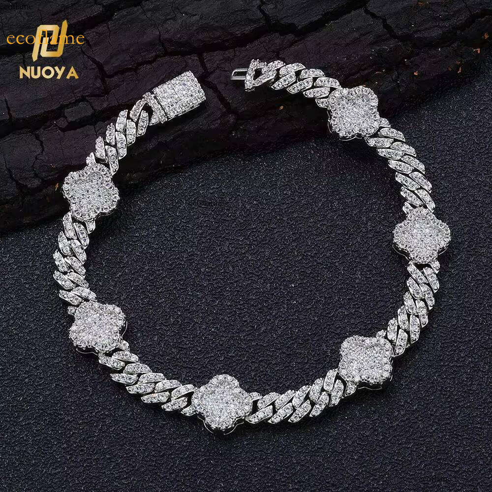 NUOYA Women 6MM Bracelet with Four Leaf Clover White Gold Plated Dia Prong Cuban Link Chain Jewelry