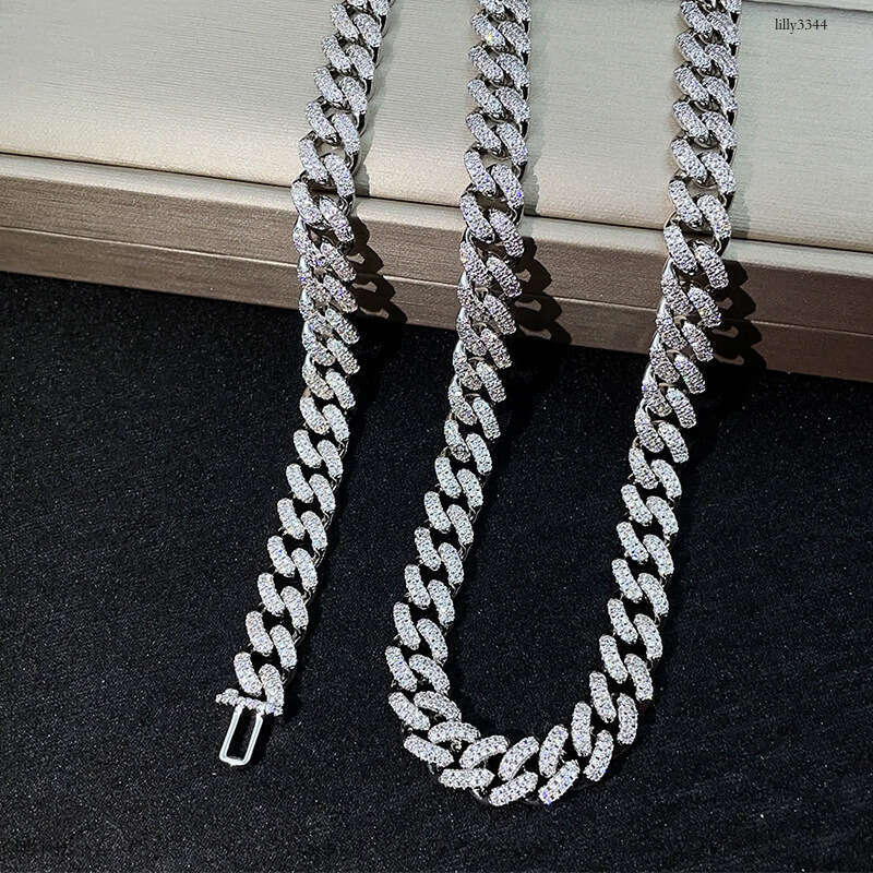 Wuzhou Straight 10mm Sterling Silver Inlaid Moissanite chain Cuban Chain Hip Hop Trendy Brand Unisex Accessories Bracelet Necklace