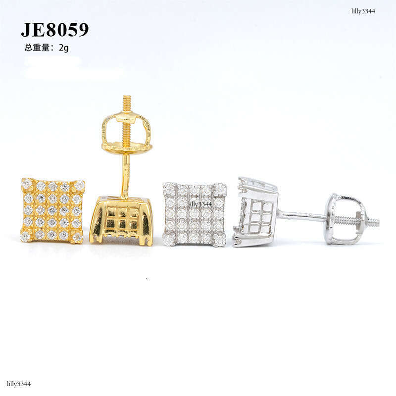 Hip-Hop Classic Square Unisex Sier Moissanite Full Inlay Personality Trendy Brand Earrings