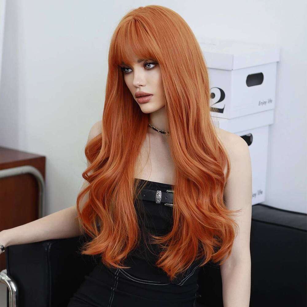 Long Orange Wig for Women Daily Party High Density Synthetic Loose Body Wavy Ginger Hair Wigs with Bangs Halloween Cosplay
