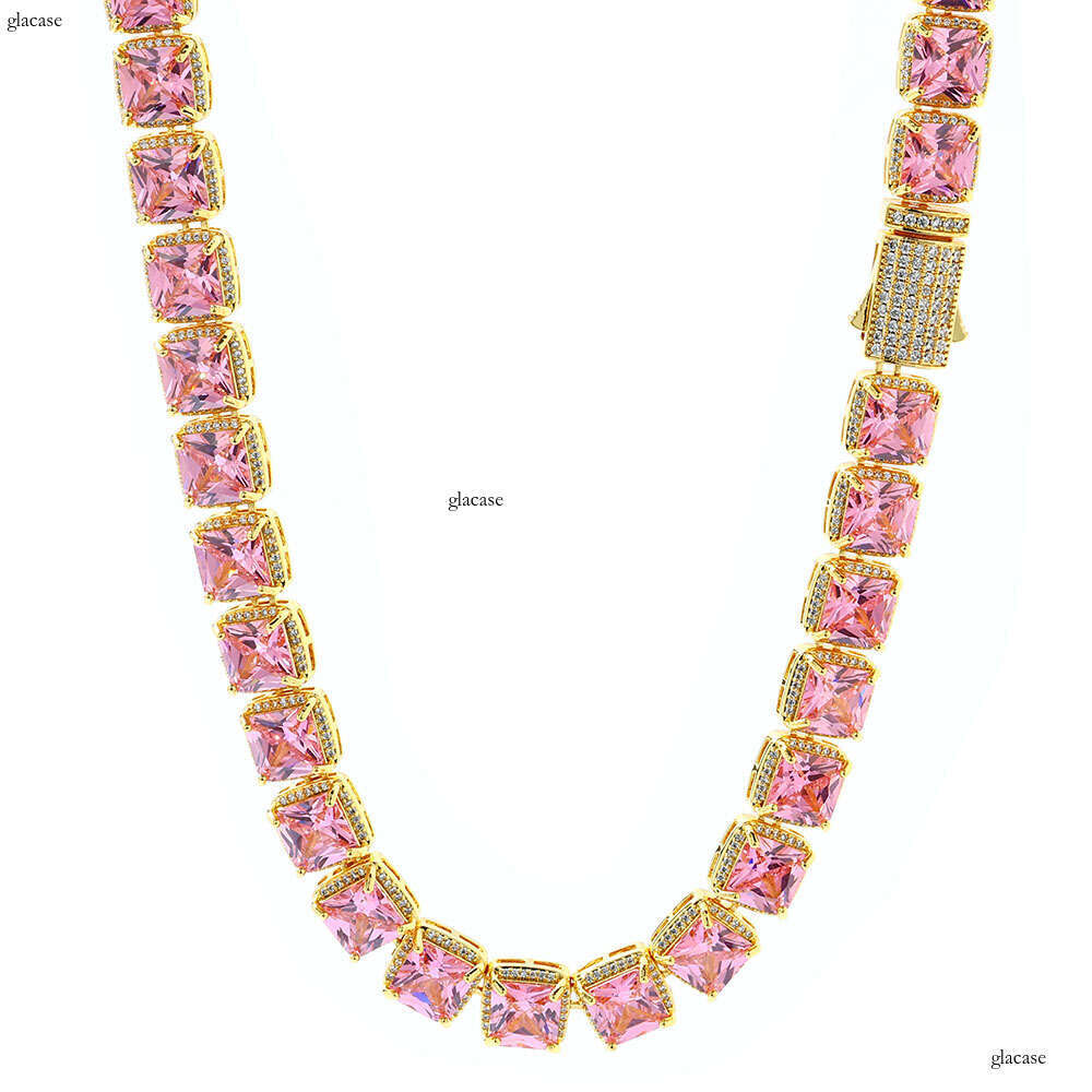 Hip-Hop 10mm Square Pink Moissanite chain Ice Sugar Jewelry Accessories High-End Men's Necklace