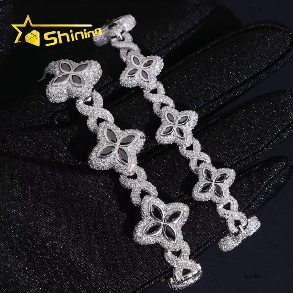 Hot Sale 15mm 18mm Black Color Clover Hip Hop Jewelry Sier Iced Out Infinity Moissanite Cuban Bracelet
