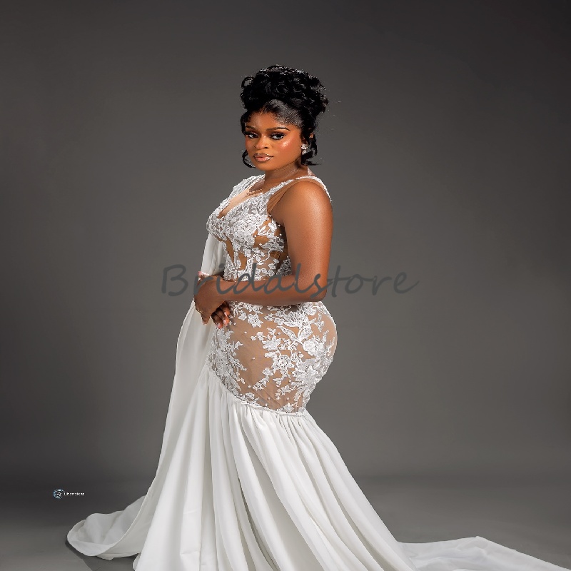 Elegant One Shoulder African Wedding Dress 2025 Plus Size Nigeria Mermaid Country Bridal Gowns Beaded Lace Bride Dress Ribbon Sleeves Robe De Mariage
