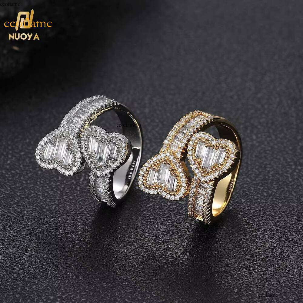 Nuoya High Quality Iced Out Baguette CZ Shape Dia Double Heart Open Finger Ring
