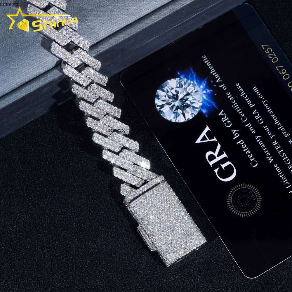 Trendy Two Rows 14mm Sterling Sier Hip Hop Fine Jewelry Vvs Moissanite Dia Cuban Link Bracelet Men