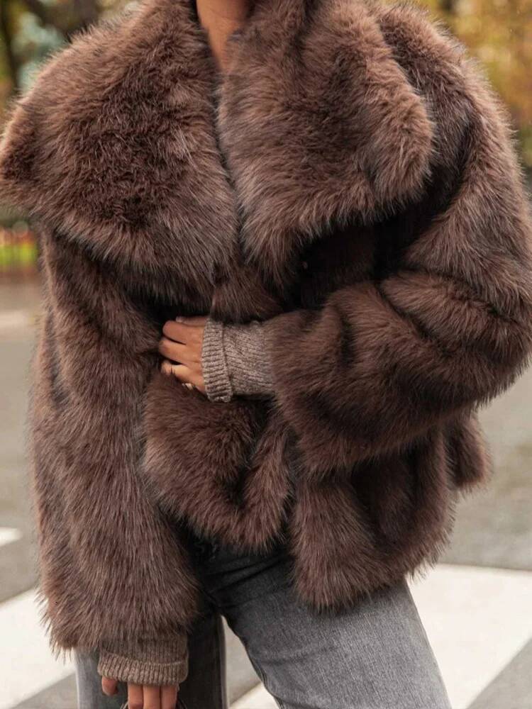 2025 Autumn Winter Casual Street Coat Women Brown Big Lapel Faux Fur Fashion Fluffy Long Sleeved Thick Warm Fury Jacket