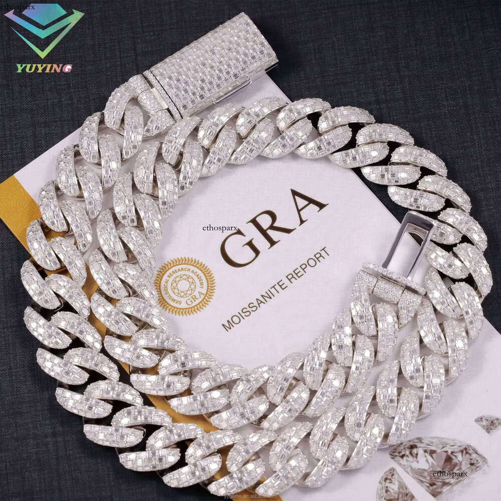 Design VVS Baguette Moissanite Chain 23mm Wide Solid Sier Gold Plated Iced Dia Rapper Cuban Link Necklace