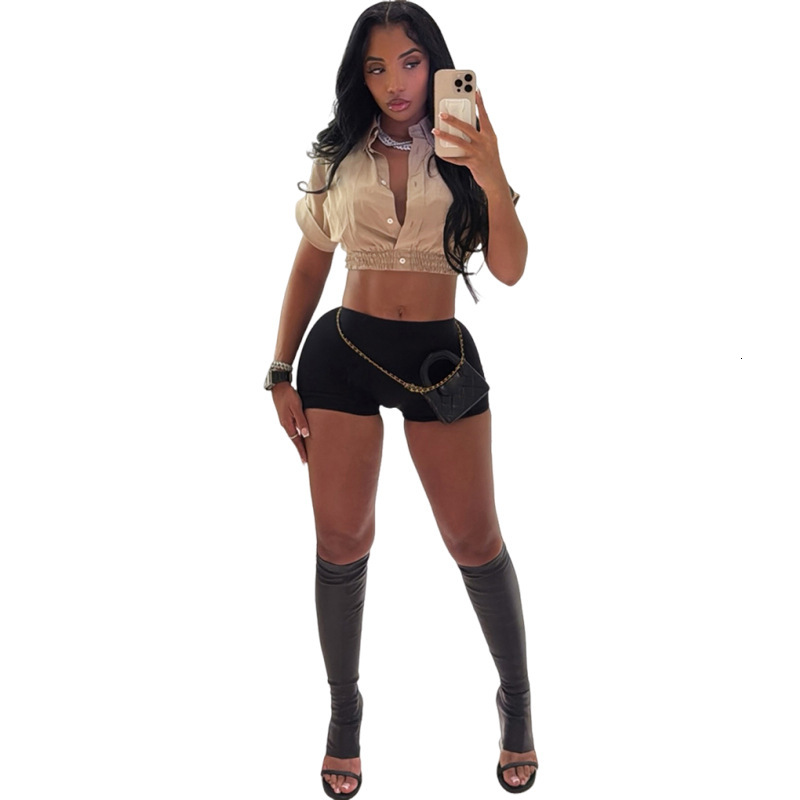 2025 Summer New Womens Fashion Rolled Hem Short Sleeve Waist-Cinching Crop Top Solid Color Slim Shorts Set