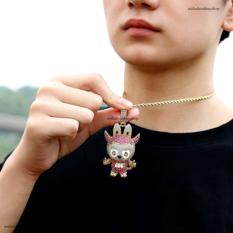 Labubu National Trend Collaboration Hip-Hop Pendant Full Dia Sterling Silver Inlaid Moissanite chain Necklace New INS Cartoon Sweater Hoodie Chain
