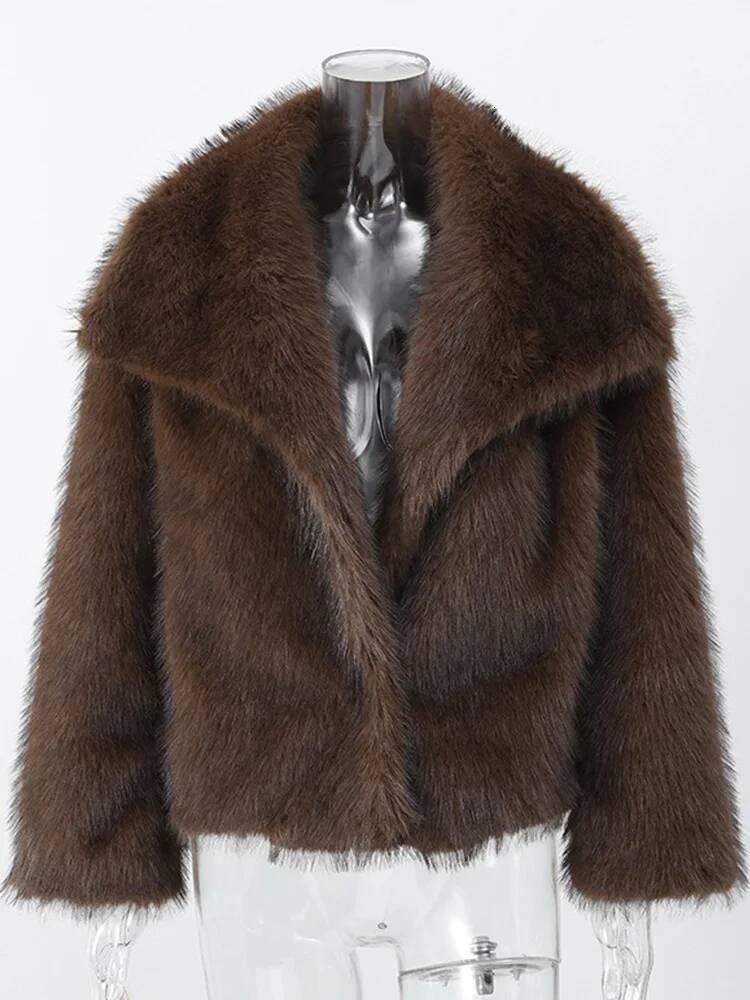 2025 Autumn Winter Casual Street Coat Women Brown Big Lapel Faux Fur Fashion Fluffy Long Sleeved Thick Warm Fury Jacket